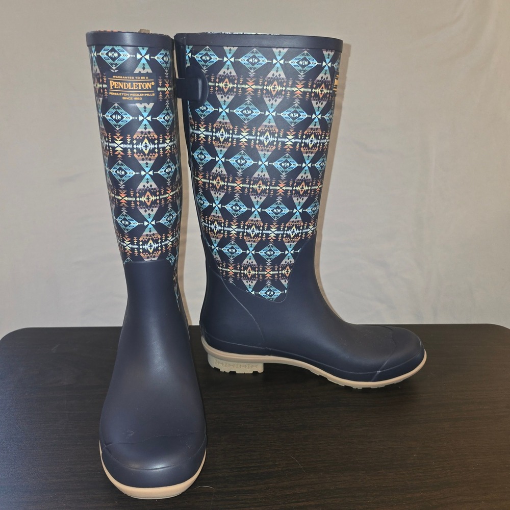 Pendleton Rain Boots Size 11 Womens Navy Blue Geometric Tall Waterproof Rubber